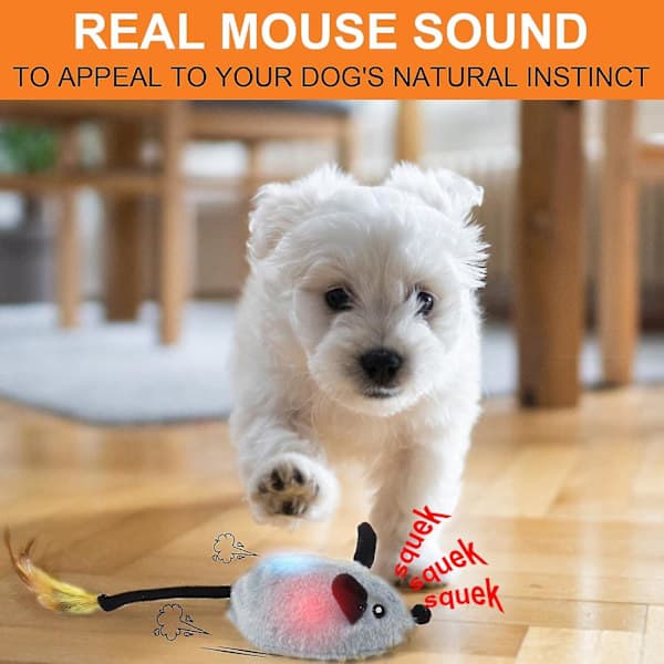 Interactive dog toy mouse, with light and an automatic swinging flying mouse that squeaks, rechargeable mobile dog toy.