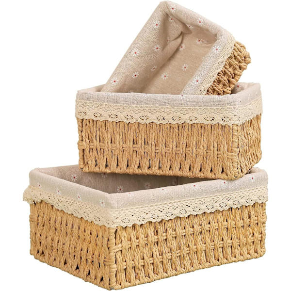 Set of 3 Rattan Baskets, Small Rectangular Rattan Baskets with Linen