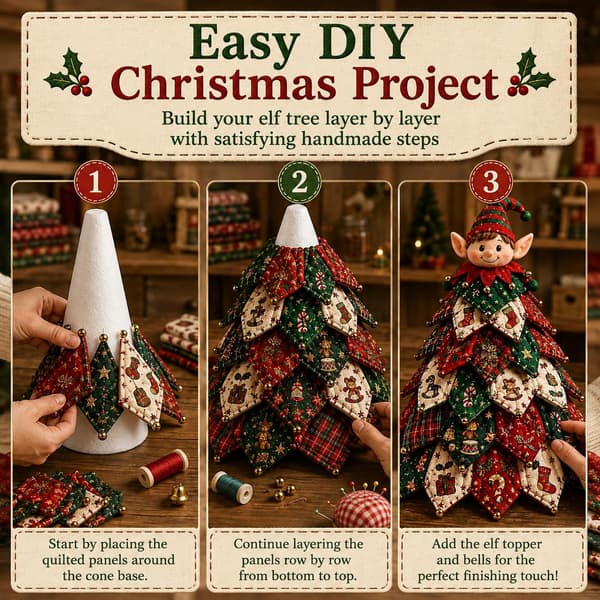 DIY Quilted Christmas Tree Fabric Kit, 3D Fabric Patchwork Craft Set for Beginners, Handmade Table Decoration for Home, Mantel, Table, Office