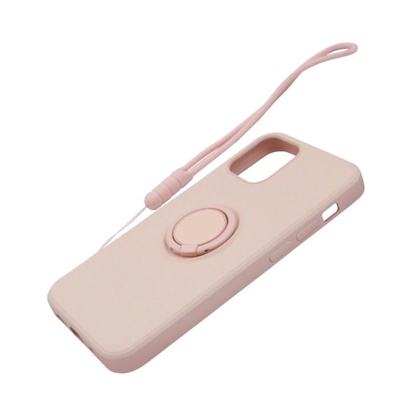 iPhone 12 Pro Max Silikonskal med Ringhållare och Handrem - Rosa Rosa guld