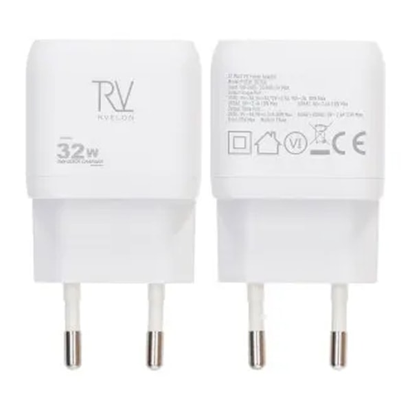 Rvelon Väggladdare USB-C + 2x USB-A 32W GaN - Vit Silver