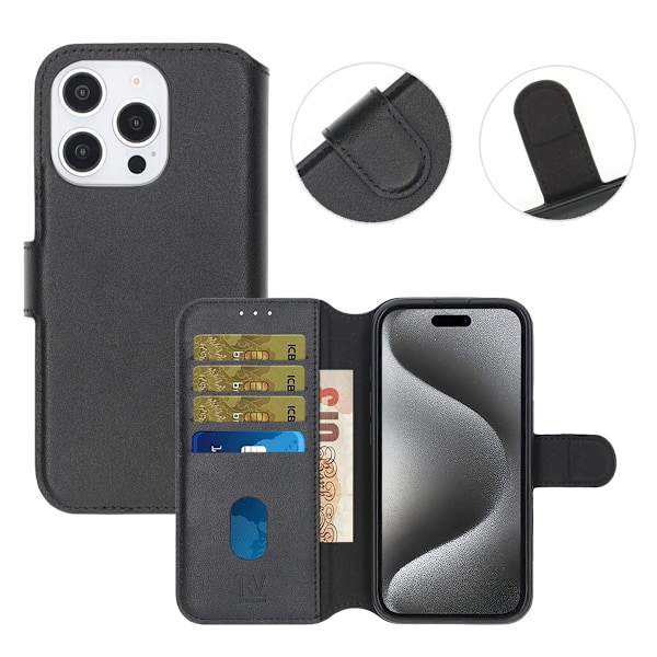 iPhone 16 Pro Max Plånboksfodral Äkta Läder Rvelon - Svart Black