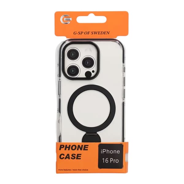 Cover Magsafe til iPhone 16 Pro - Transparent sort med ringstativ Black