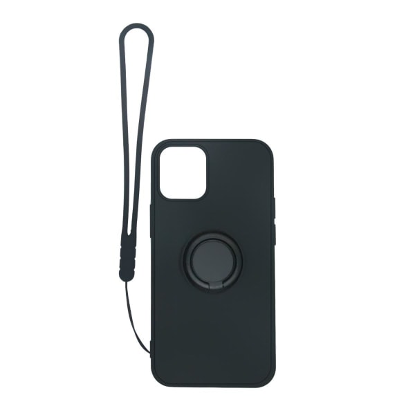 iPhone 12 Pro Max Silikonskal med Ringhållare och Handrem - Svar Svart