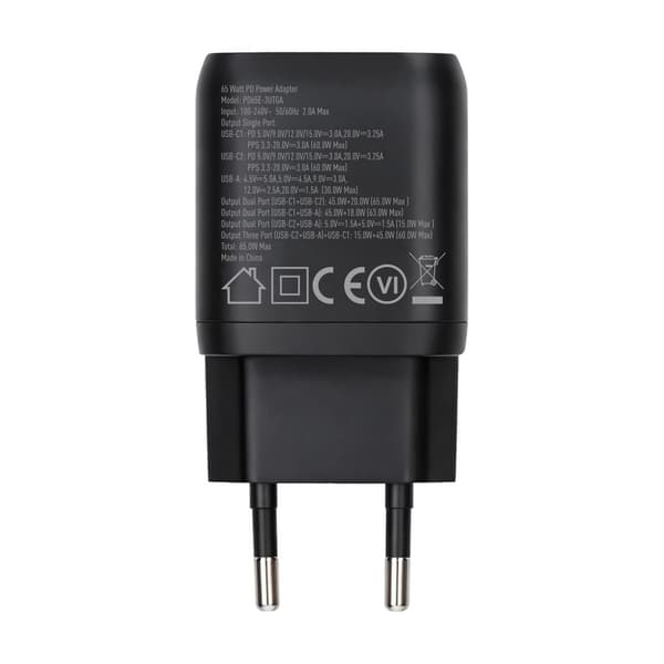 Rvelon Väggladdare 2x USB-C + USB-A 65W GaN - Svart Black