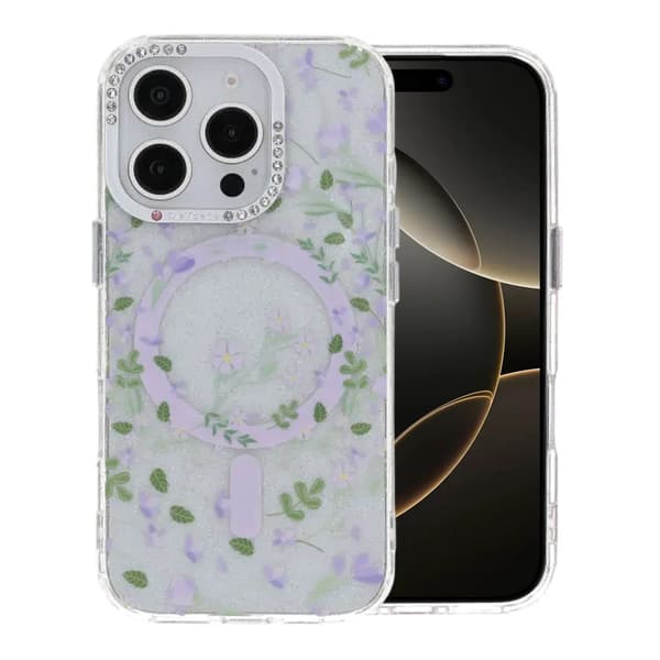 Blomstret Cover med Magsafe til iPhone 16 Pro - Lavendel lilla