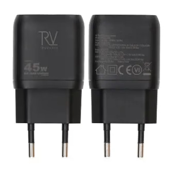 Rvelon USB C Väggladdare 45W GaN Dubbel Port- Svart Svart