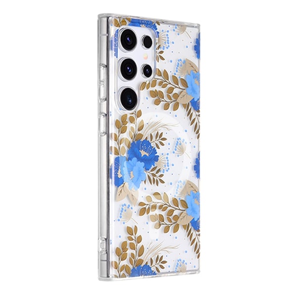 Samsung Galaxy S23 Ultra Mobilskal Magnet - Blommor Blå/Guld Multicolor