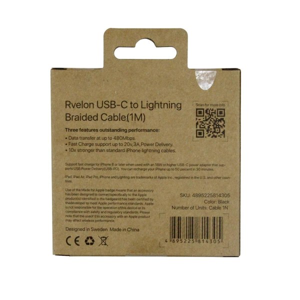 Rvelon USB-C till Lightning Kabel Flätad 1m Svart