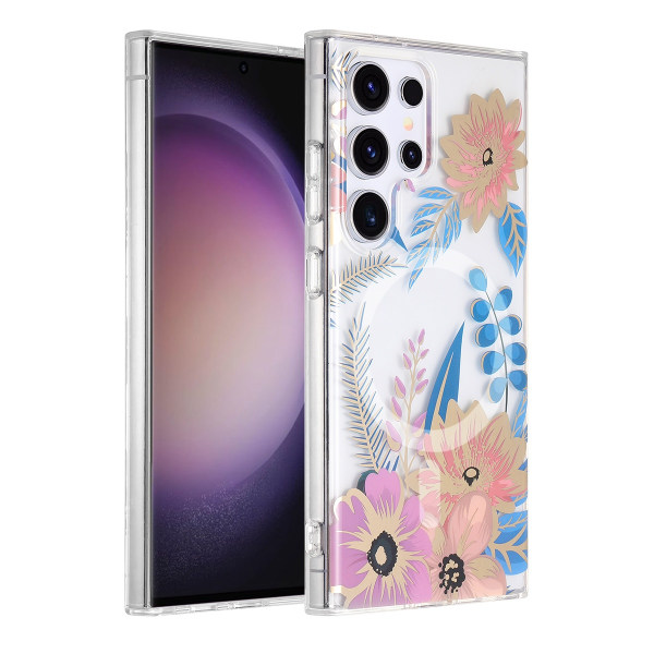 Samsung Galaxy S23 Ultra Mobilskal Magnet - Blommor Rosa/Blå