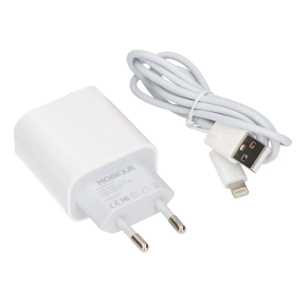 USB A till Lightning Kabel + USB Laddare 2.4A - Vit Vit