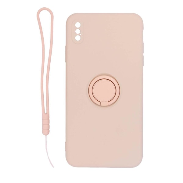 iPhone X/XS Silikonskal med Ringhållare och Handrem - Rosa Pink