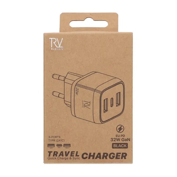 Rvelon Väggladdare USB-C + 2x USB-A 32W GaN - Svart Black
