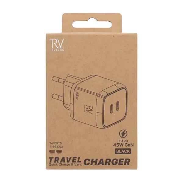 Rvelon USB C Väggladdare 45W GaN Dubbel Port- Svart Svart