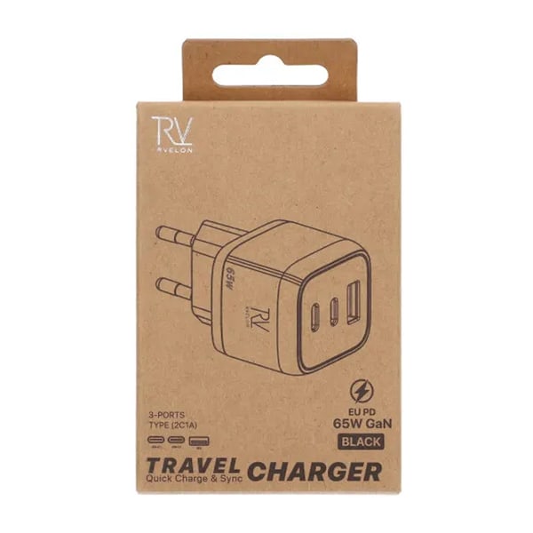 Rvelon Väggladdare 2x USB-C + USB-A 65W GaN - Svart Black