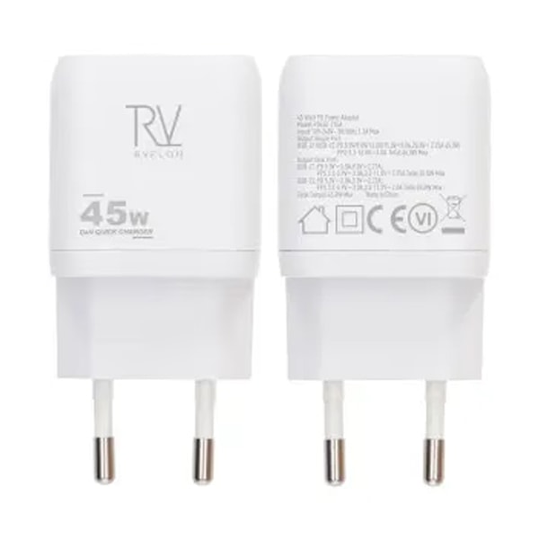 Rvelon USB C Väggladdare 45W GaN Dubbel Port- Vit Silver