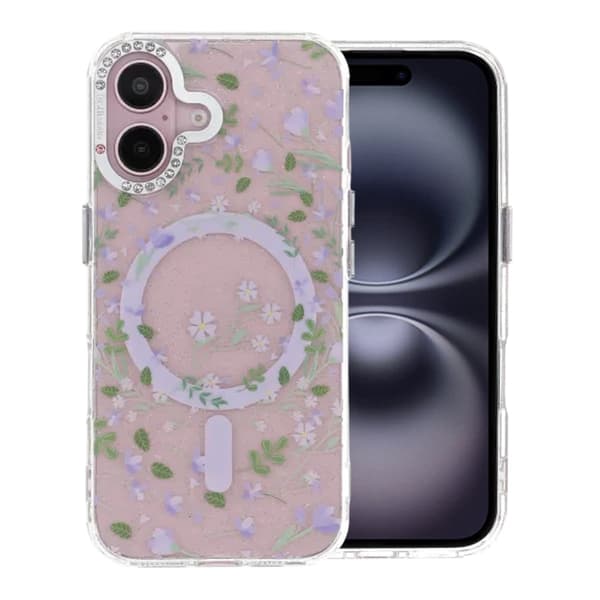 Blomstret Cover med Magsafe til iPhone 16 - Lavendel lilla