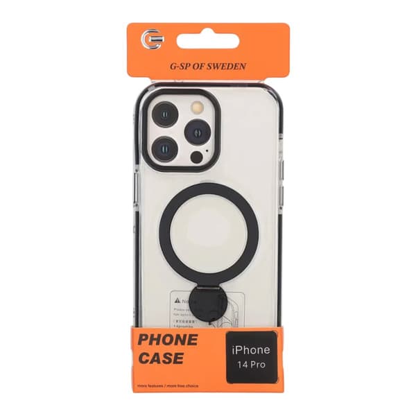 Cover Magsafe til iPhone 14 Pro - Transparent sort med ringstativ Black