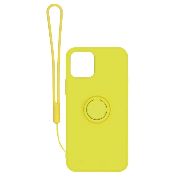 iPhone 12 Mini Silikonskal med Ringhållare och Handrem - Gul Yellow