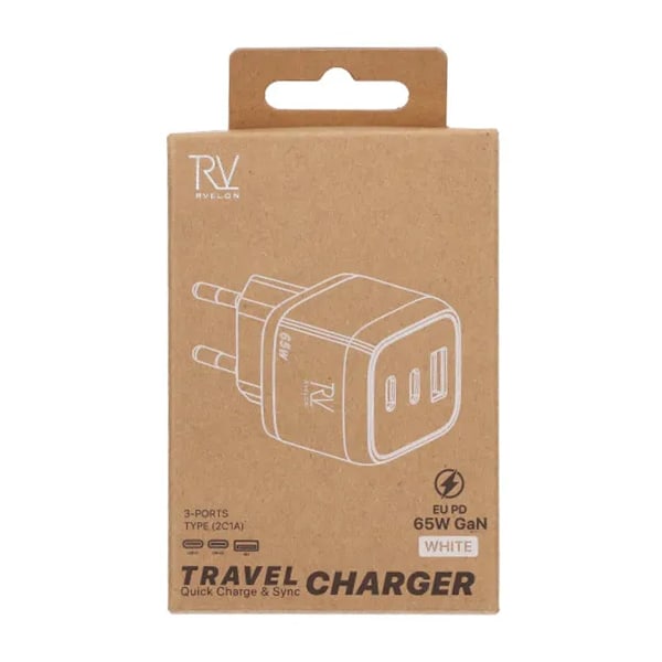 Rvelon Väggladdare 2x USB-C + USB-A 65W GaN - Vit Silver
