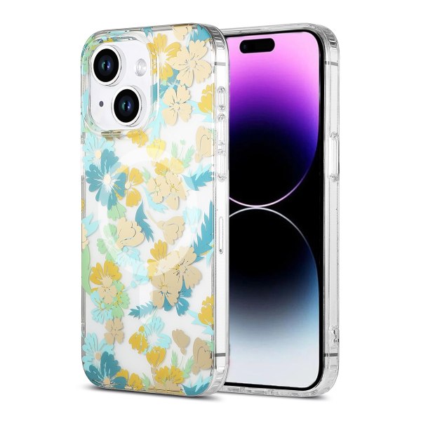 iPhone 14/15 Plus Mobilskal MagSafe - Blommor Turkos multifärg