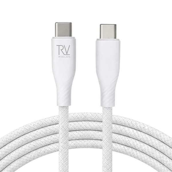 Rvelon USB-C Flätad Laddkabel 60W Snabbladdning 2m - Vit Silver