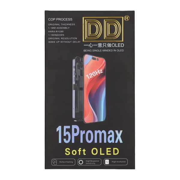 iPhone 15 Pro Max Soft OLED Display High Quality Black(DD brand) have diagnostic pass svart