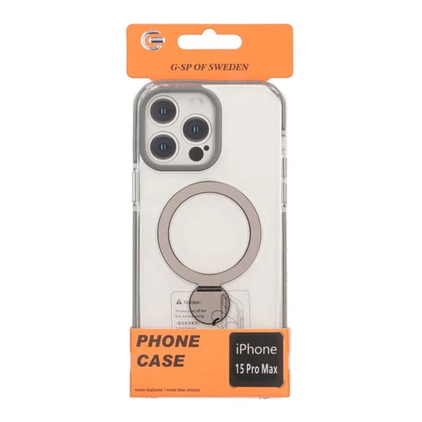 Skal Magsafe till iPhone 15 Pro Max - Transparent grå med ringstativ grå