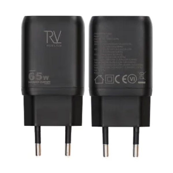 Rvelon Väggladdare 2x USB-C + USB-A 65W GaN - Svart Black