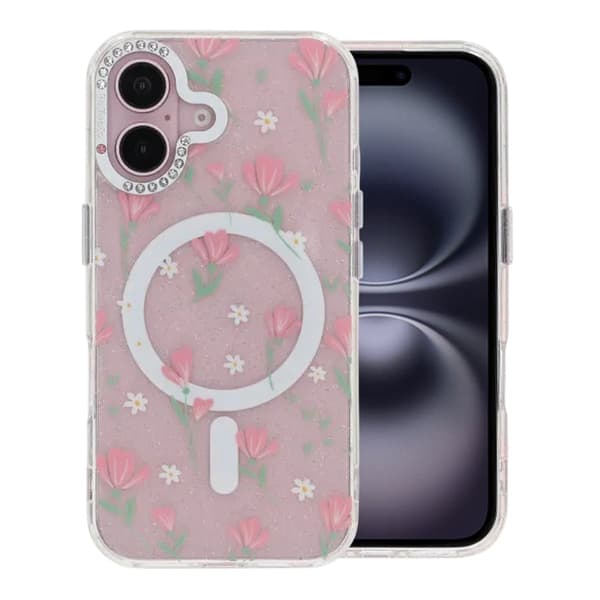 Blomstret Cover med Magsafe til iPhone 16 - Rosa pink