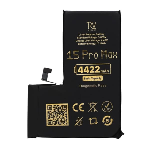 Rvelon Batteri för iPhone 15 Pro Max - 4422 mAh Originalkapacitet