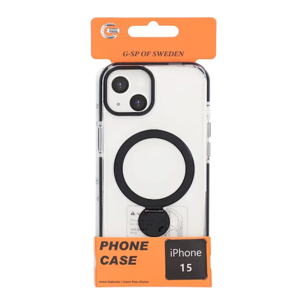 Cover Magsafe til iPhone 15 - Transparent sort med ringstativ Black