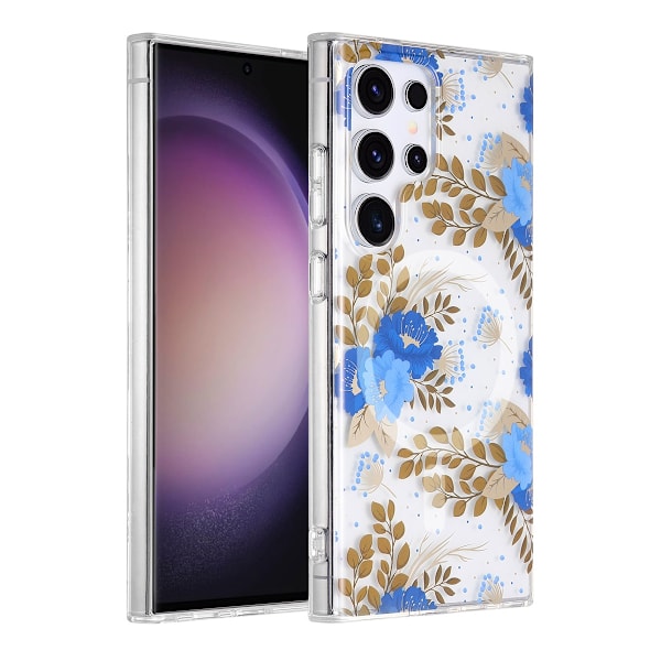 Samsung Galaxy S23 Ultra Mobilskal Magnet - Blommor Blå/Guld multifärg