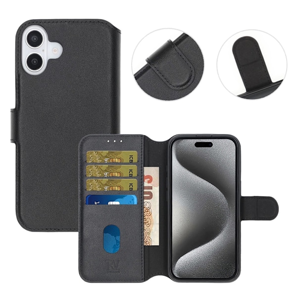 iPhone 16 Plus Plånboksfodral Äkta Läder Rvelon - Svart Black