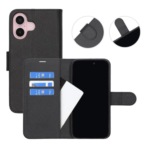 iPhone 16 Plånboksfodral med Stativ - Svart Black