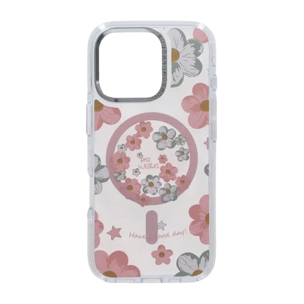 Blommigt MagSafe-skal med kameraskydd för iPhone 16 Pro Max - Rosa vaaleanpunainen