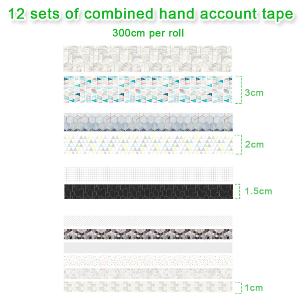 12 rullar dekorativ tejp, för konst, gör-det-själv-hantverk, tidskrifter,