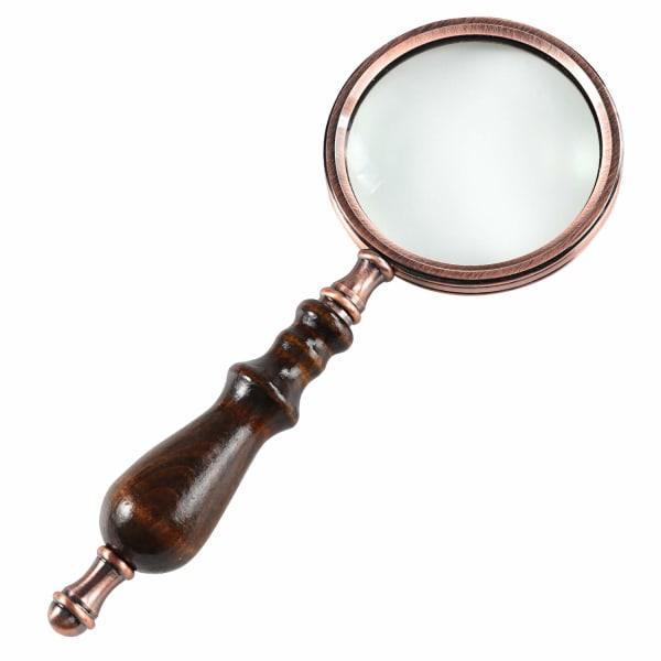 Handhållen förstoringsglas med trähandtag, antik koppar