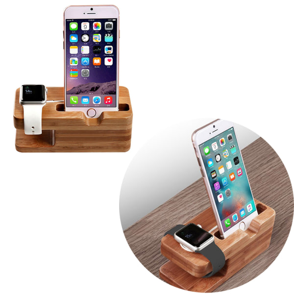 Apple Watch Stand, Bamboo Wood Laddningsställ Fäste Dockningsstation Vagghållare för IPhone X 8 7 6 Plus 5 5c och Apple Watch (Ljusbrun)