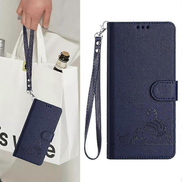 Etui til iPhone 15 Plus kortholder støtteben kat RFID pung flip cover blå