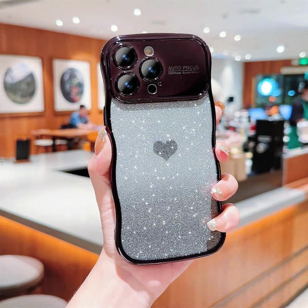 Til iPhone 16 Pro Max-deksel Kjærlighetshjerte Gradient Glitter TPU Telefondeksel Galvanisering Krøllete Ramme A