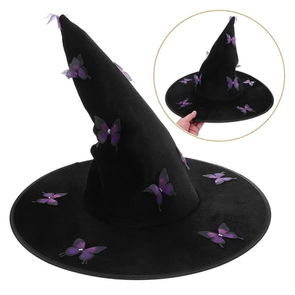 Halloween Heksehatt Fløyelsmateriale for dekorasjon Halloween Sommerfugl Trollmannhette A