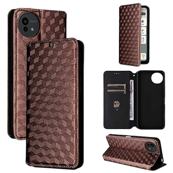 Cubic Grid Texture Flip Läderfodral för telefon (brun, för Sharp Aquos wish5)