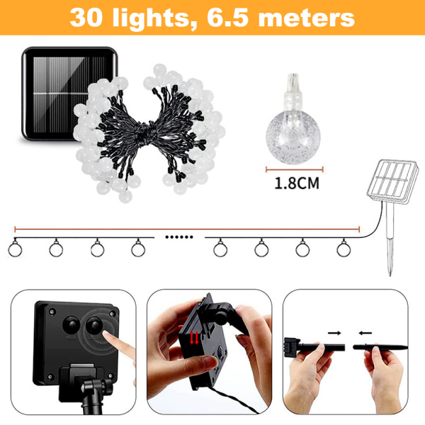 6,5 m solcellelyssnor med 30 LED-pærer