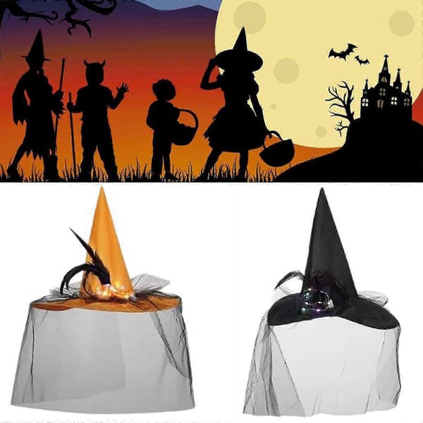Lysende heksehat Halloween kostume tilbehør til Halloween fest slør fjerhat elegant hovedbeklædning til maskerade sort A