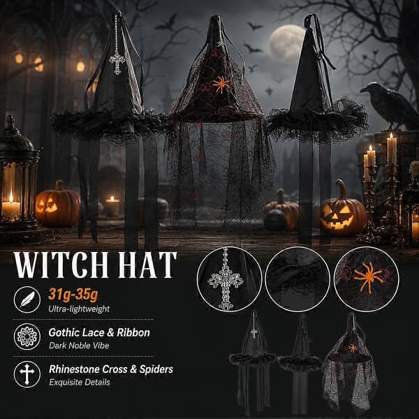 Heksehatt med blondedesign for Halloween-kostyme og gotisk fest A