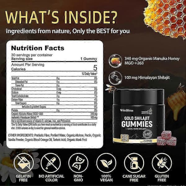 Ernæringsgeler og tyggetabletter Guld Shilajit Gummies 30 stk. til mænd og kvinder A