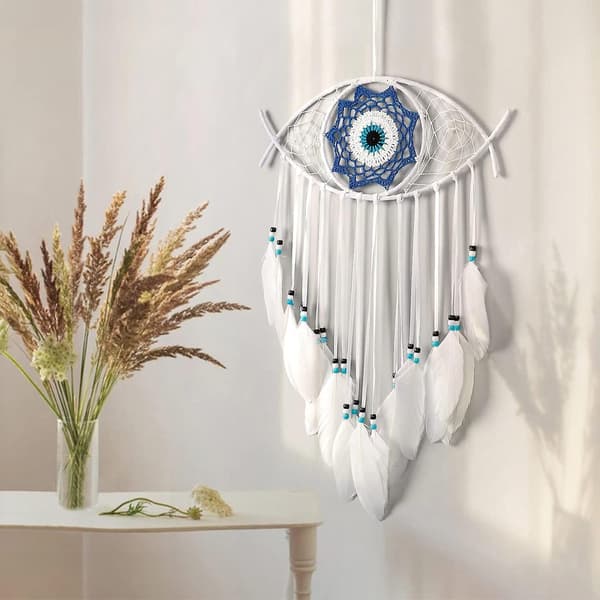 AURA Evil Eye Dream Catcher, handvävd makramé drömfångare, väggbonad, heminredning, julklapp till barn, tacksägelsepresent, ren vit A