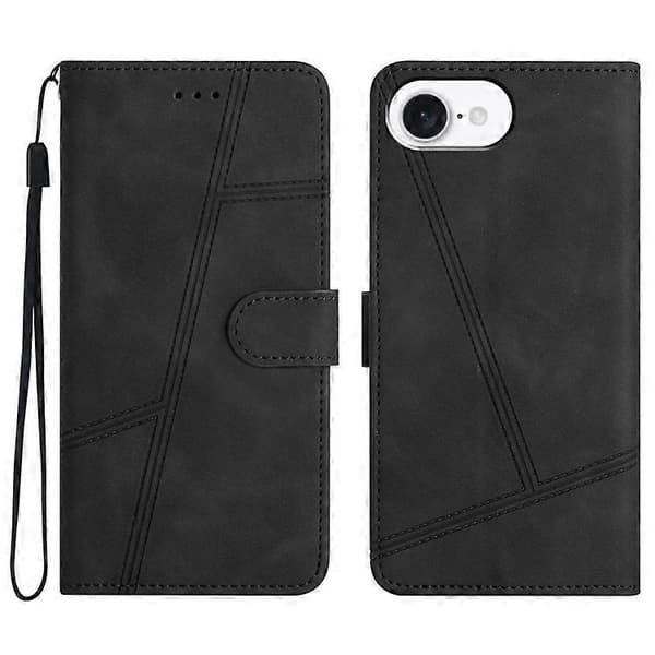 Kompatibel med iPhone 16e etui Flip Læder Retro Telefoncover Linjer Præget Sort