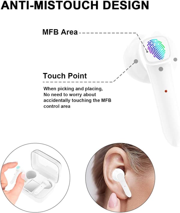 Bluetooth Hörlurar 5.0, HD Stereo Uppspelning Trådlösa Hörlurar Trådlöst Headset med Mikrofon, Touch Kontroll Bluetooth Headset för iPhone Android Smartphone